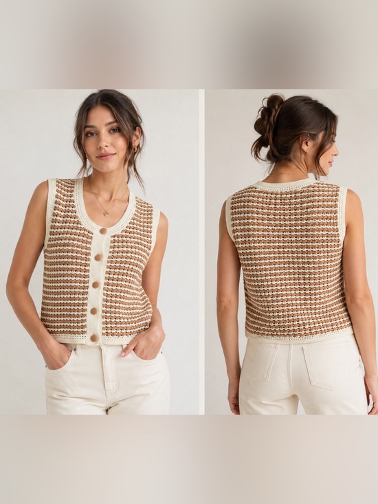 Joie Sweaters - Joie Knit Sweater Vest Women Medium Beige Striped Button Front Boho